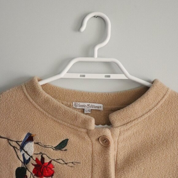 Vntg Classic Editions Sz Lrg Cream Embroidered Bird Buttoned Fleece Cardigan - Picture 4 of 14